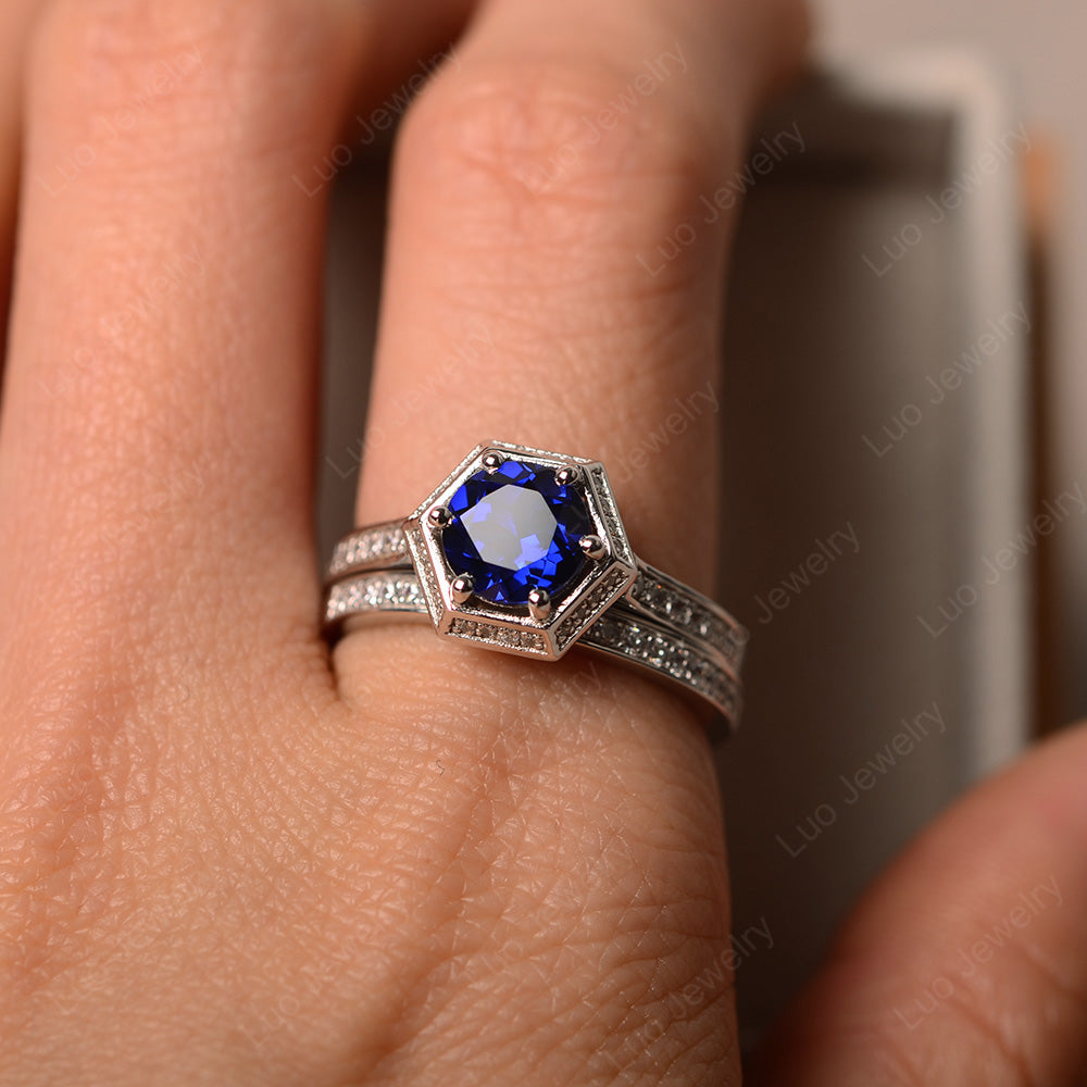 Lab Sapphire Bridal Set Hexagon Engagement Ring - LUO Jewelry
