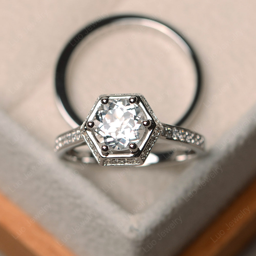 White Topaz Bridal Set Hexagon Engagement Ring - LUO Jewelry