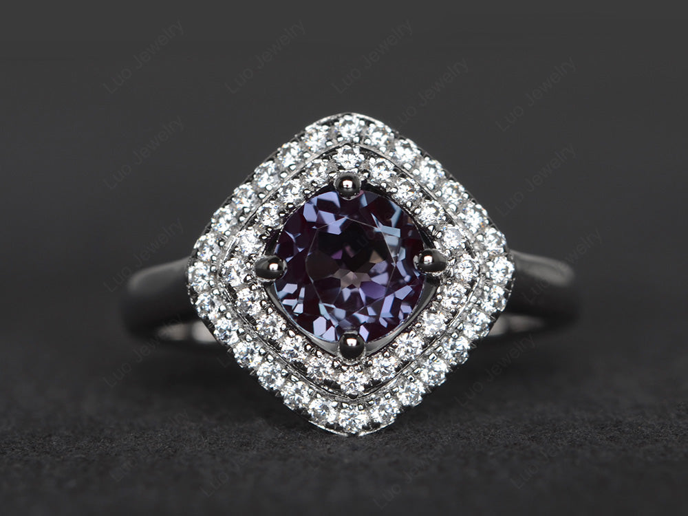Alexandrite Double Halo Cushion Cut Ring Gold - LUO Jewelry