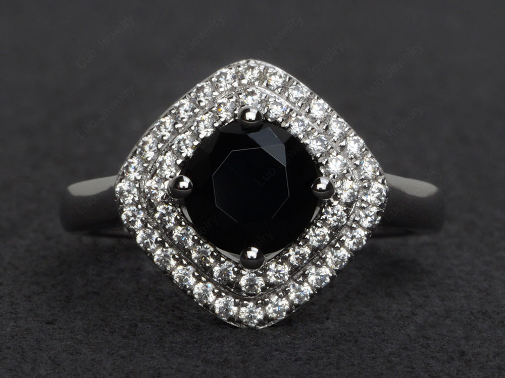 Black Stone Double Halo Cushion Cut Ring Gold - LUO Jewelry