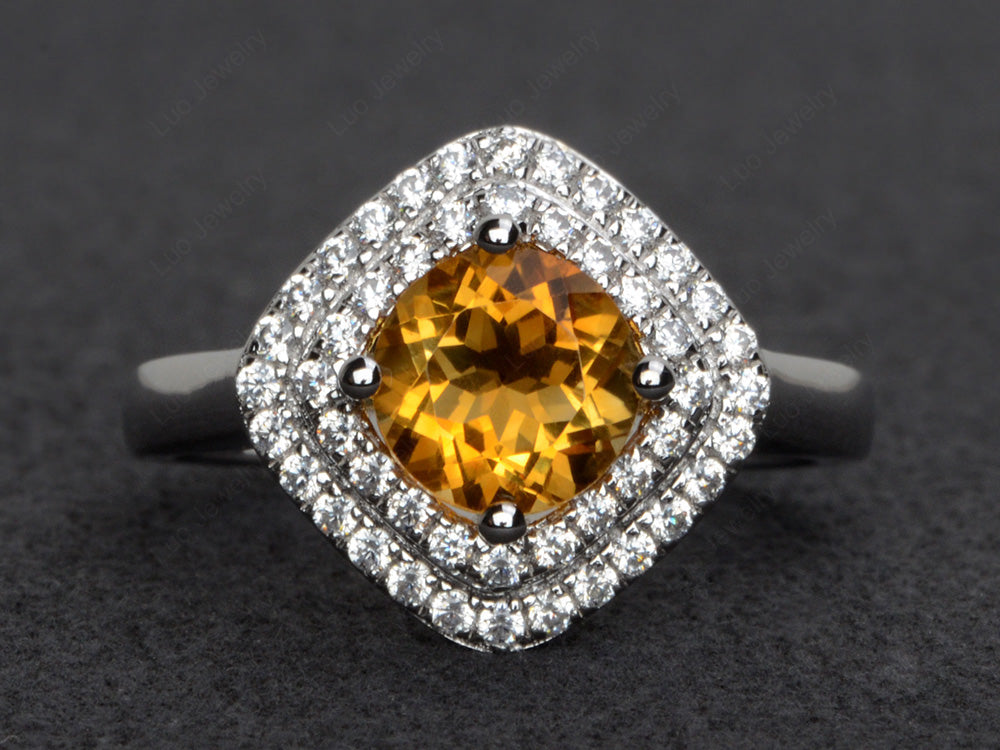 Citrine Double Halo Cushion Cut Ring Gold - LUO Jewelry