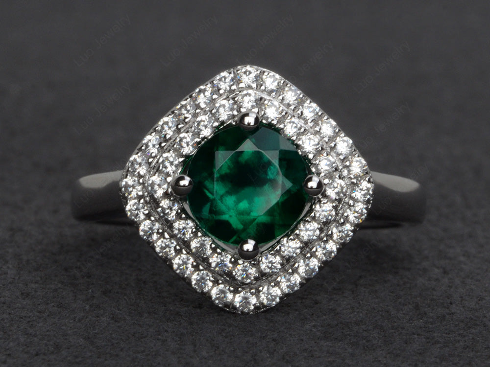 Lab Emerald Double Halo Cushion Cut Ring Gold - LUO Jewelry