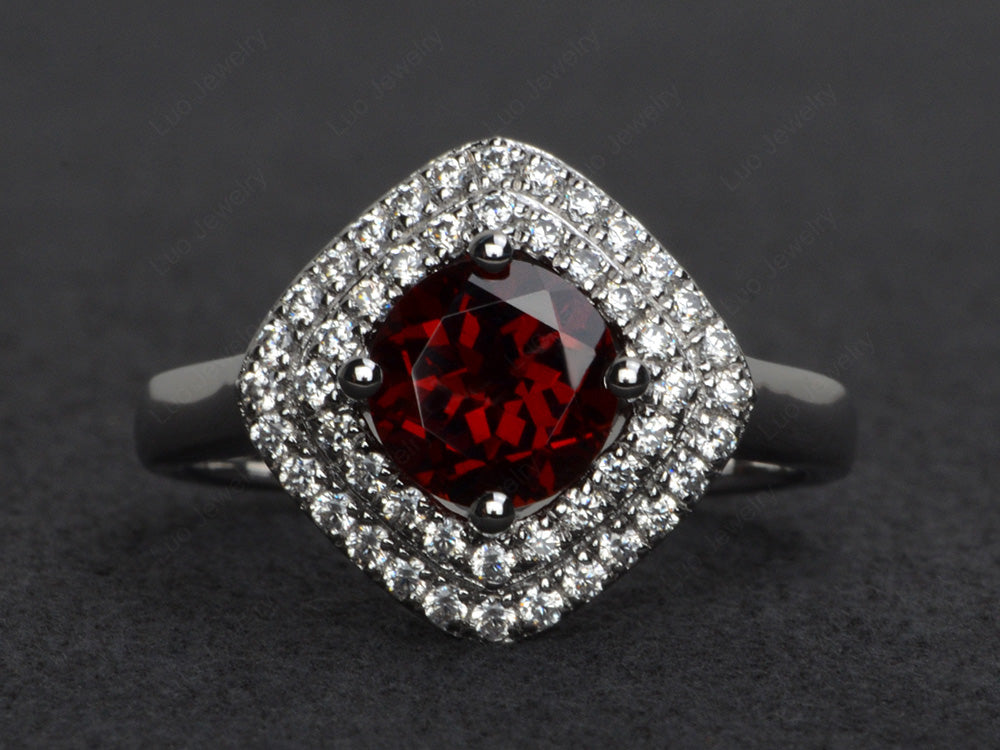 Garnet Double Halo Cushion Cut Ring Gold - LUO Jewelry