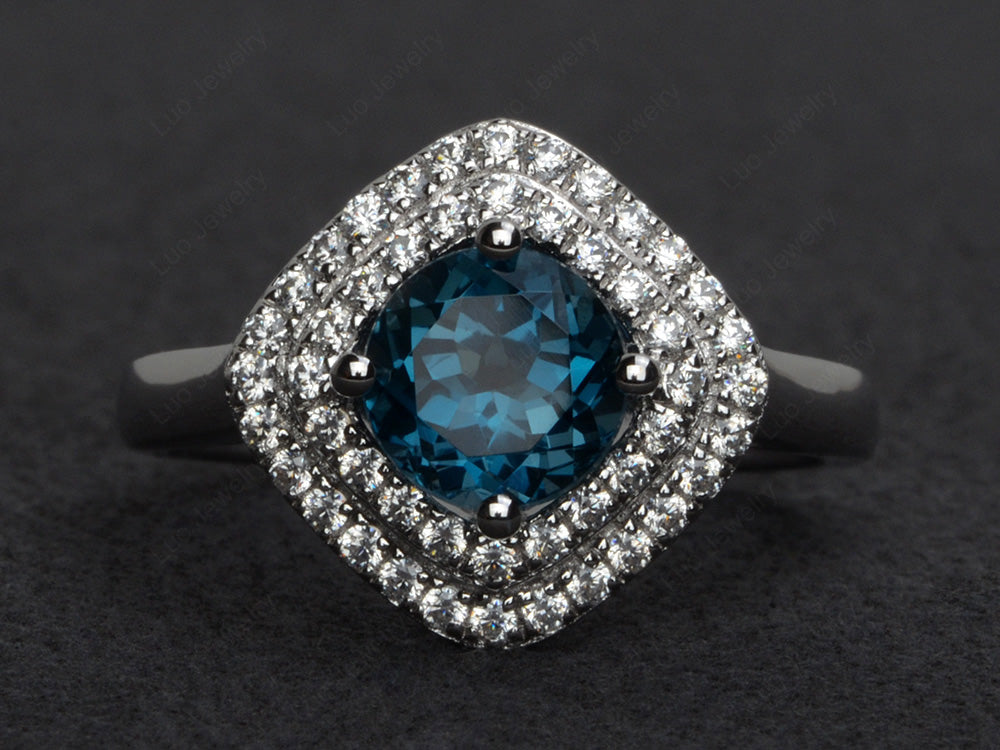London Blue Topaz Double Halo Cushion Cut Ring Gold - LUO Jewelry