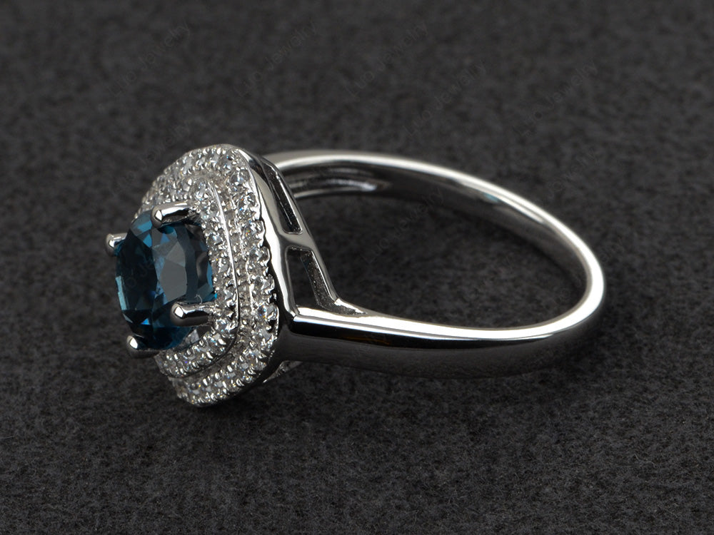London Blue Topaz Double Halo Cushion Cut Ring Gold - LUO Jewelry