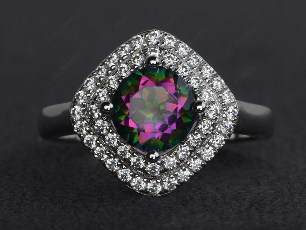 Mystic Topaz Double Halo Cushion Cut Ring Gold - LUO Jewelry