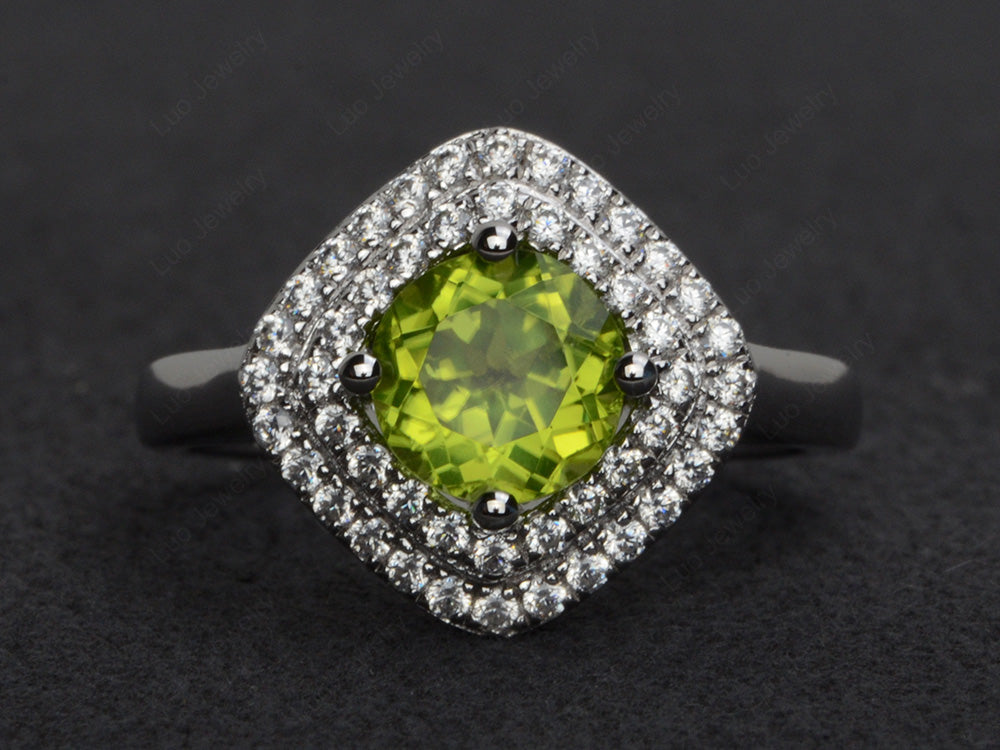 Peridot Double Halo Cushion Cut Ring Gold - LUO Jewelry