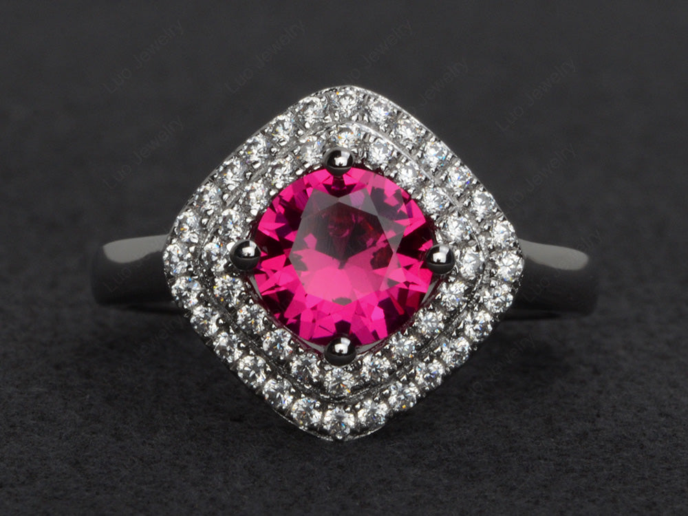 Ruby Double Halo Cushion Cut Ring Gold - LUO Jewelry