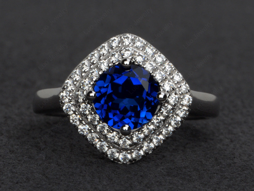 Lab Sapphire Double Halo Cushion Cut Ring Gold - LUO Jewelry