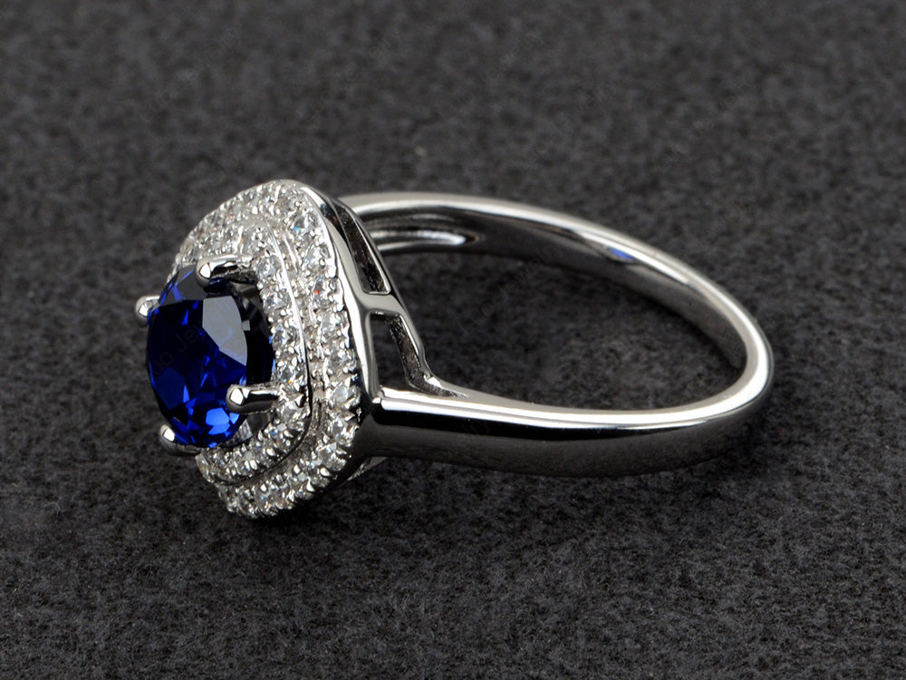 Lab Sapphire Double Halo Cushion Cut Ring Gold - LUO Jewelry