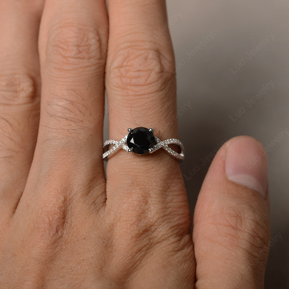 Round Black Stone Engagement Ring Twisted Ring - LUO Jewelry