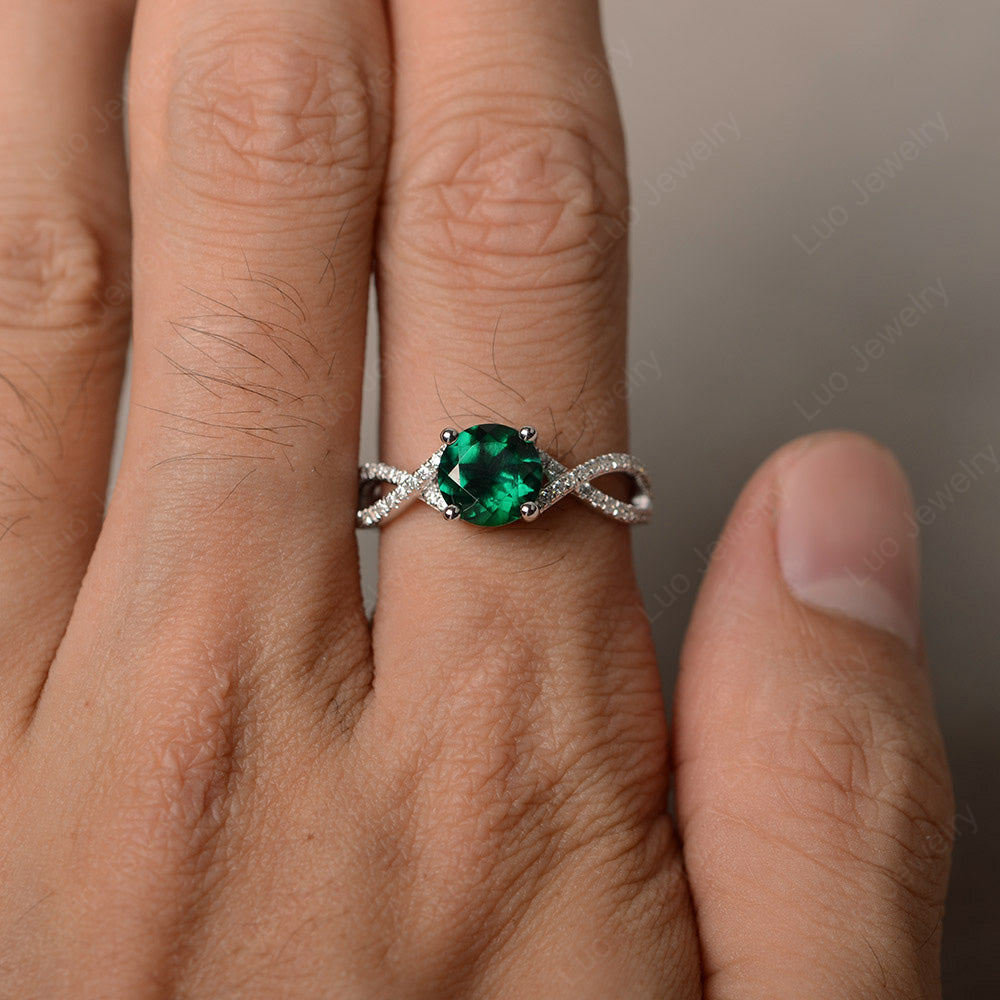 Round Lab Emerald Engagement Ring Twisted Ring - LUO Jewelry