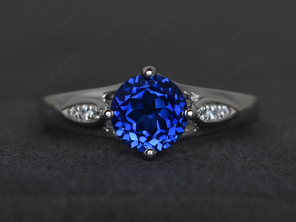 Vintage Round Cut Lab Sapphire Ring Sterling Silver - LUO Jewelry