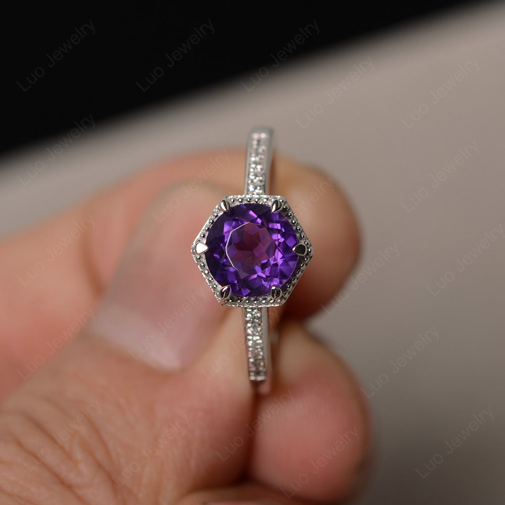 Art Deco Hexagon Set Amethyst Ring Rose Gold - LUO Jewelry