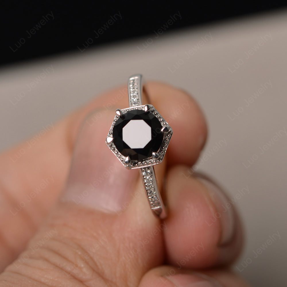 Art Deco Hexagon Set Black Stone Ring Rose Gold - LUO Jewelry