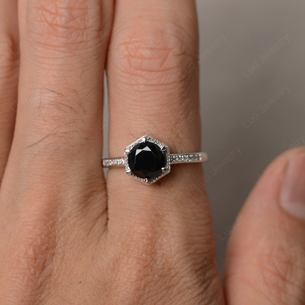Art Deco Hexagon Set Black Stone Ring Rose Gold - LUO Jewelry