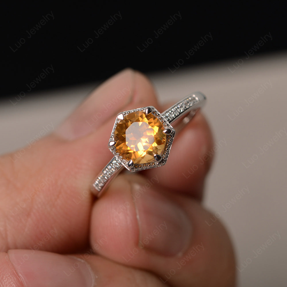 Art Deco Hexagon Set Citrine Ring Rose Gold - LUO Jewelry