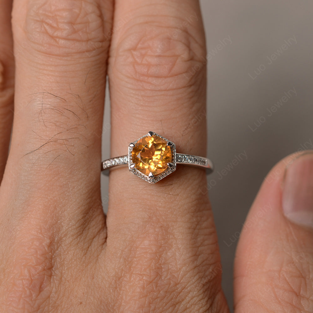 Art Deco Hexagon Set Citrine Ring Rose Gold - LUO Jewelry