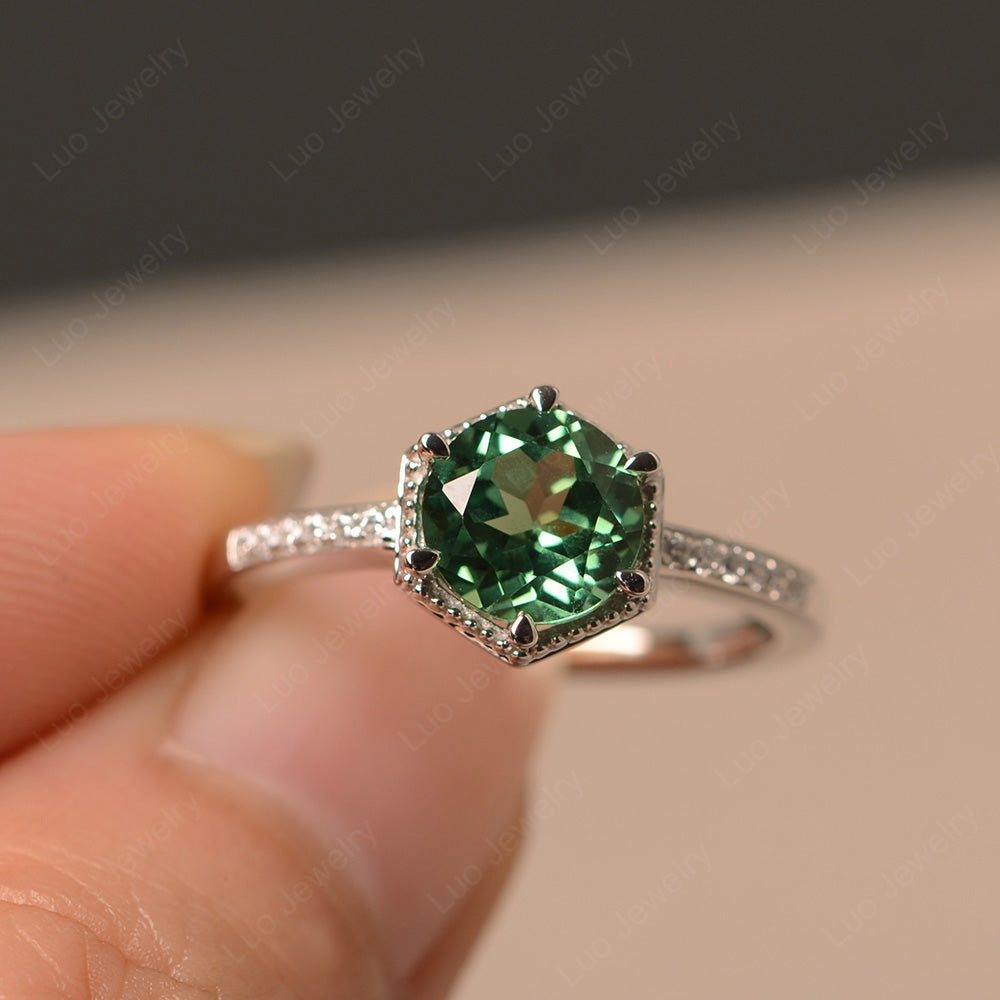 Art Deco Hexagon Set Green Sapphire Ring Rose Gold - LUO Jewelry