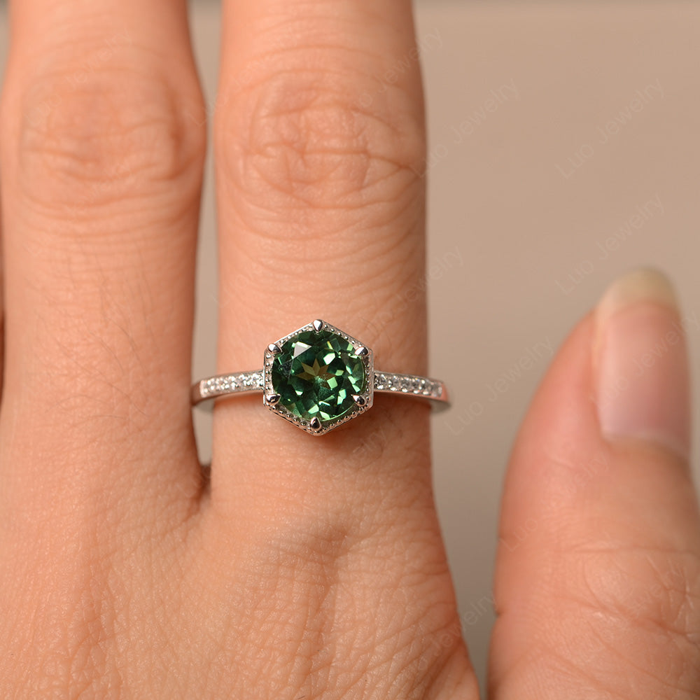 Art Deco Hexagon Set Green Sapphire Ring Rose Gold - LUO Jewelry