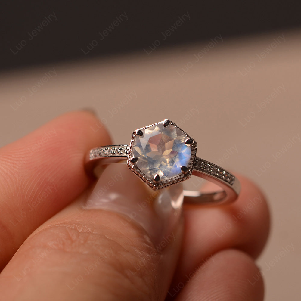 Art Deco Hexagon Set Moonstone Ring Rose Gold - LUO Jewelry