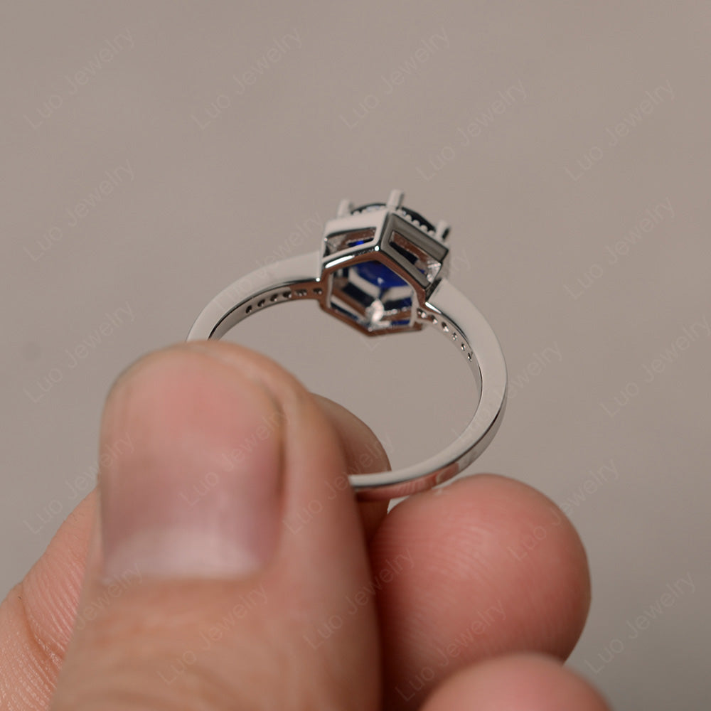 Art Deco Hexagon Set Lab Sapphire Ring Rose Gold - LUO Jewelry