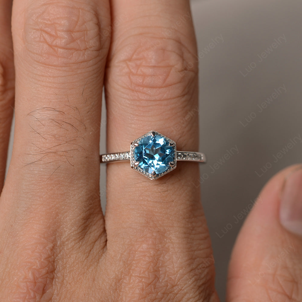 Art Deco Hexagon Set Swiss Blue Topaz Ring Rose Gold - LUO Jewelry
