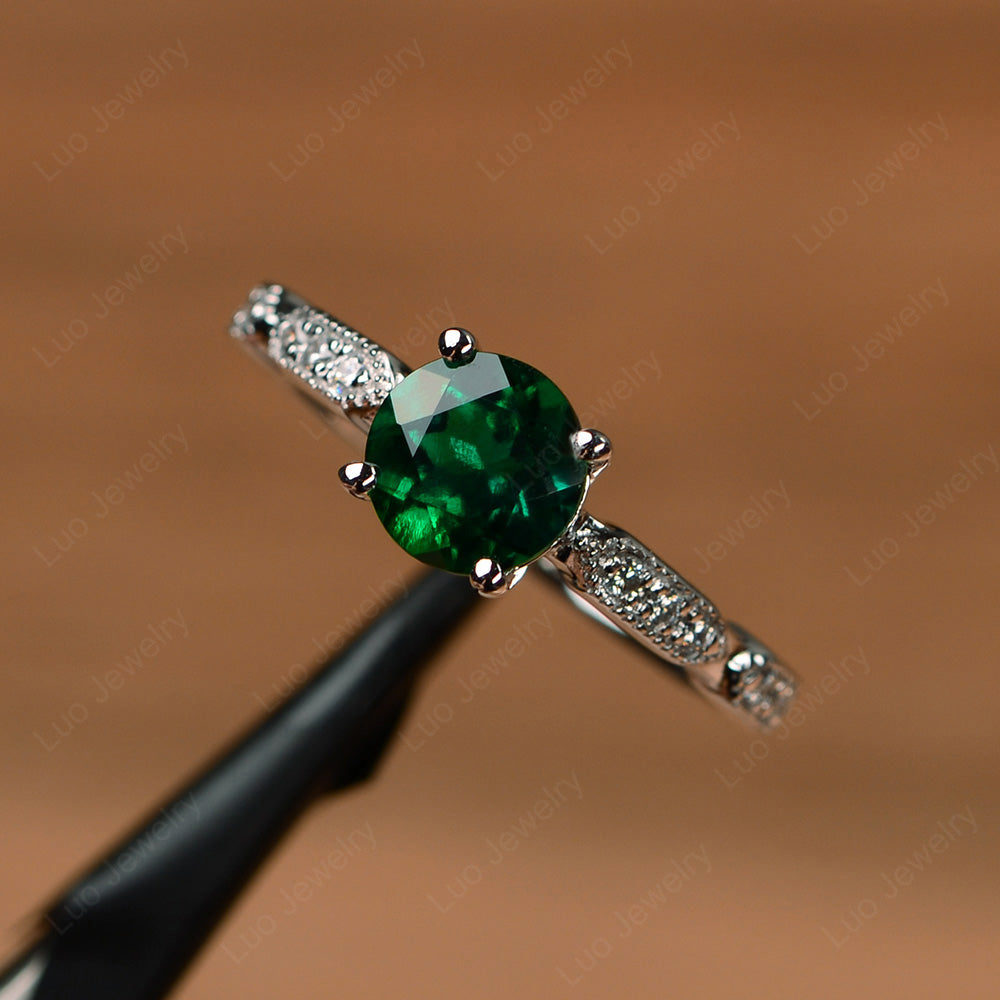 Unique Lab Emerald Ring Deco Art Sterling Silver - LUO Jewelry