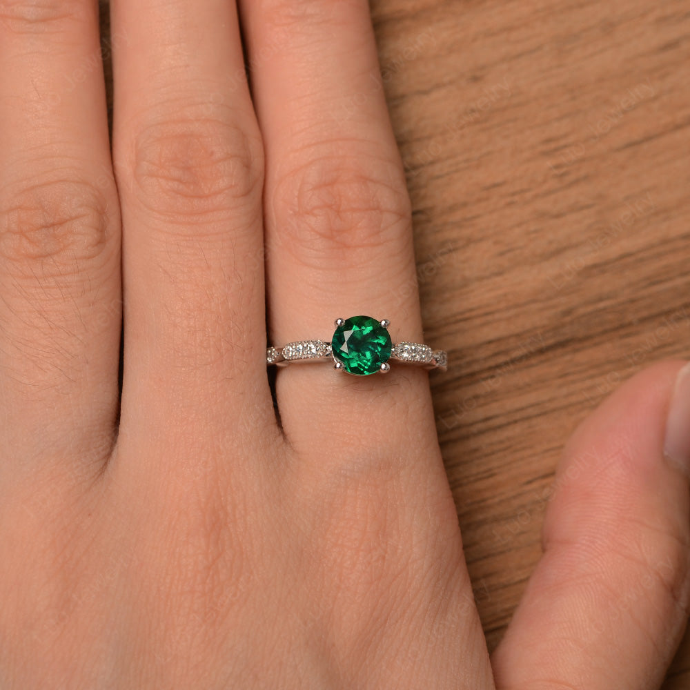 Unique Lab Emerald Ring Deco Art Sterling Silver - LUO Jewelry