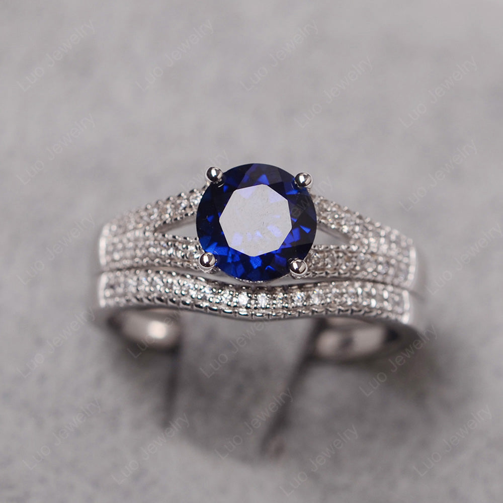 Lab Sapphire Engagement Ring Split Shank - LUO Jewelry