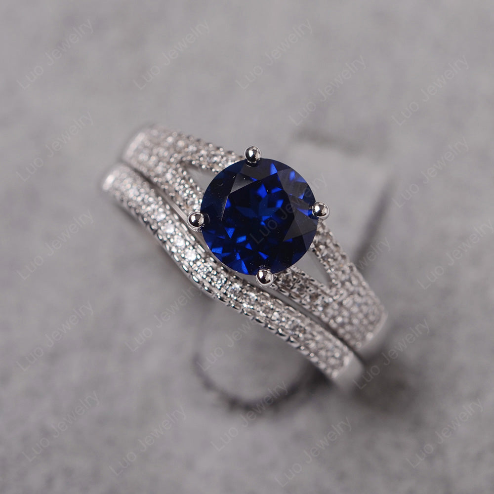 Lab Sapphire Engagement Ring Split Shank - LUO Jewelry