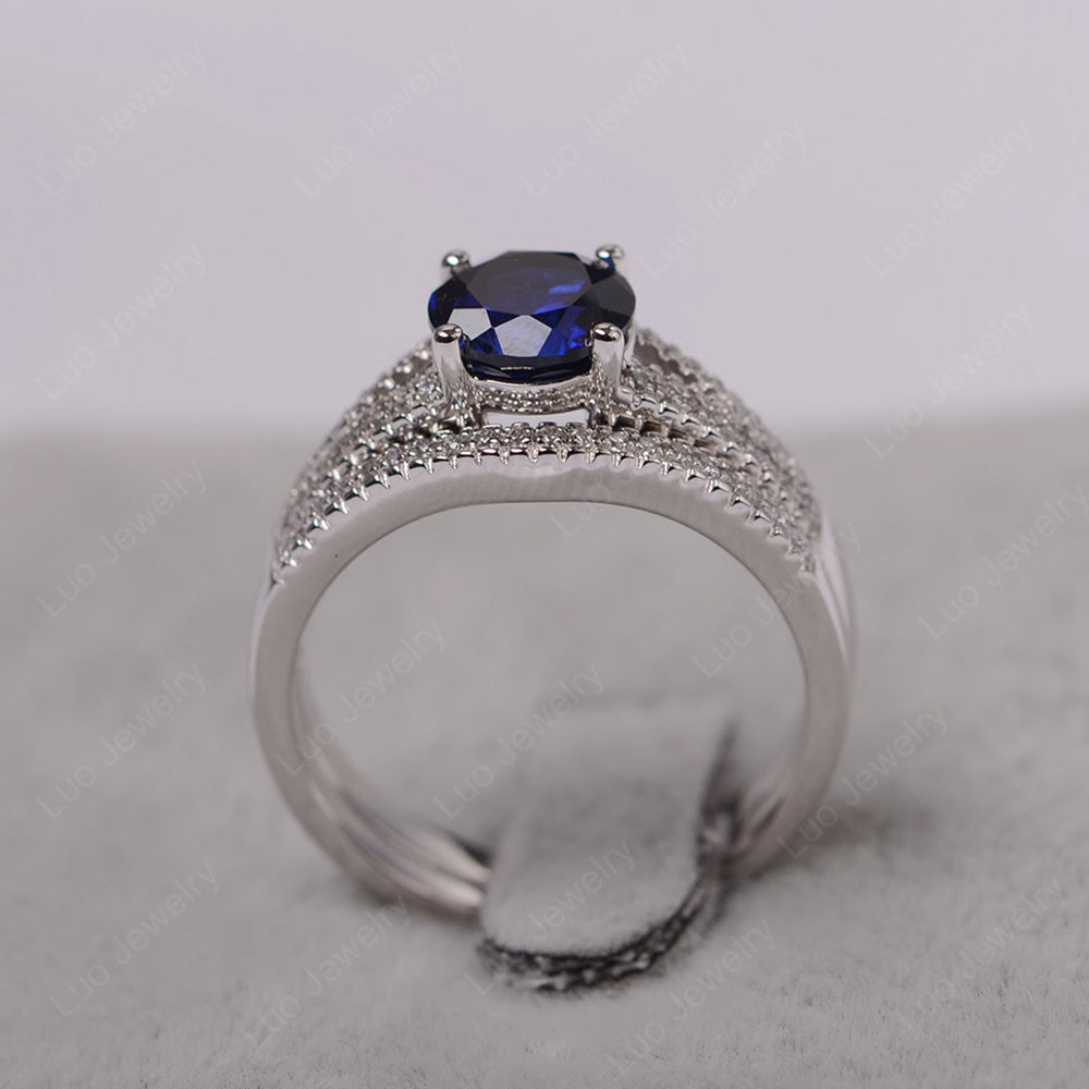 Lab Sapphire Engagement Ring Split Shank - LUO Jewelry