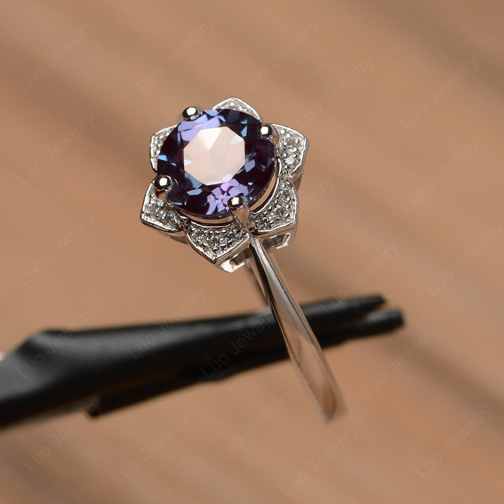 Round Cut Alexandrite Halo Flower Engagement Ring - LUO Jewelry