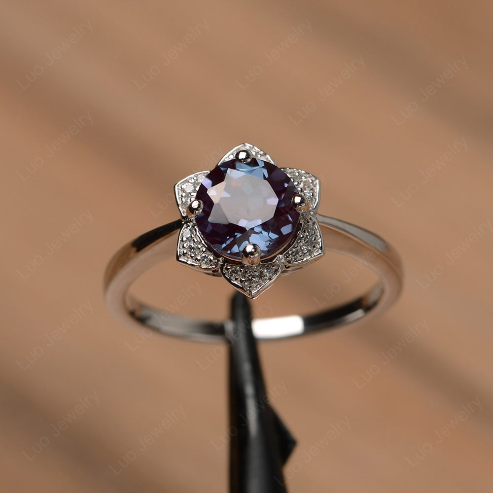 Round Cut Alexandrite Halo Flower Engagement Ring - LUO Jewelry