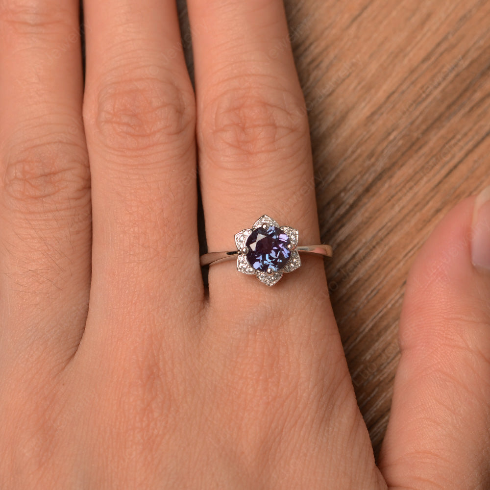 Round Cut Alexandrite Halo Flower Engagement Ring - LUO Jewelry