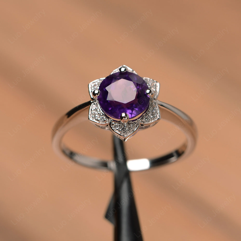 Round Cut Amethyst Halo Flower Engagement Ring - LUO Jewelry