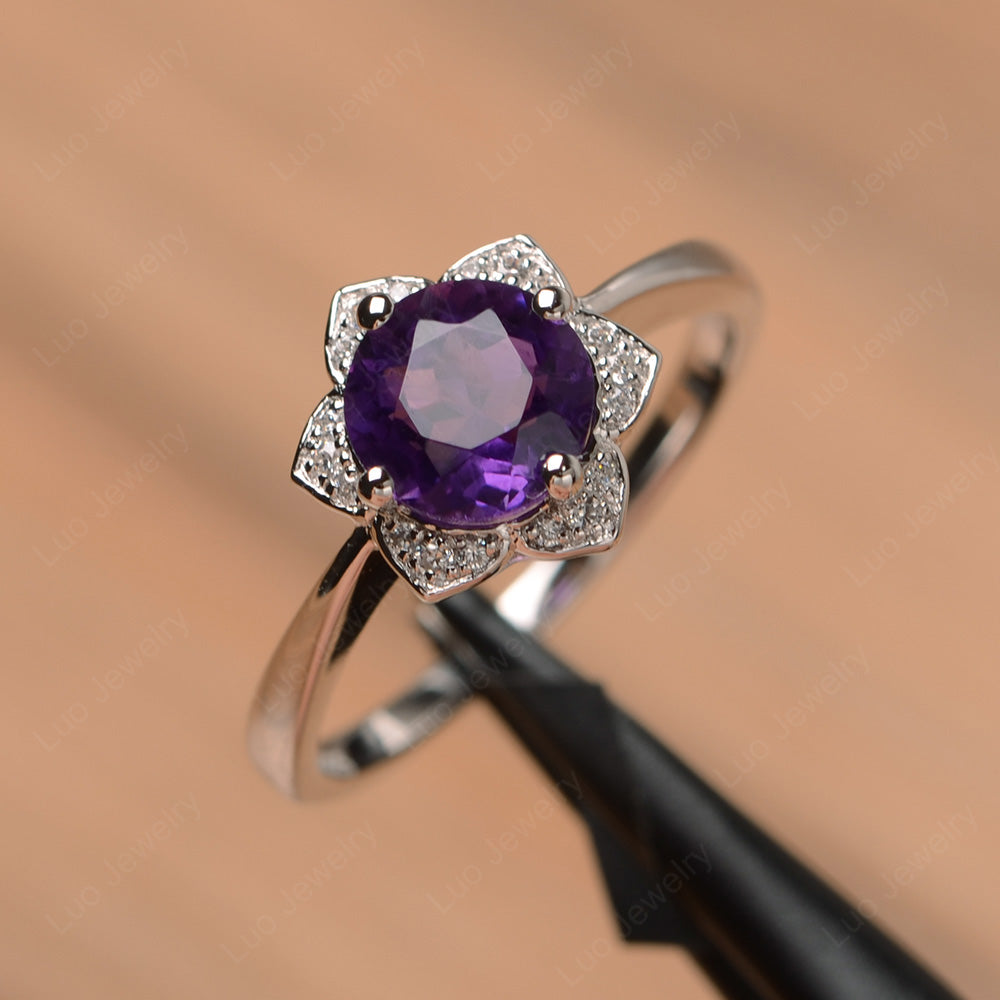 Round Cut Amethyst Halo Flower Engagement Ring - LUO Jewelry