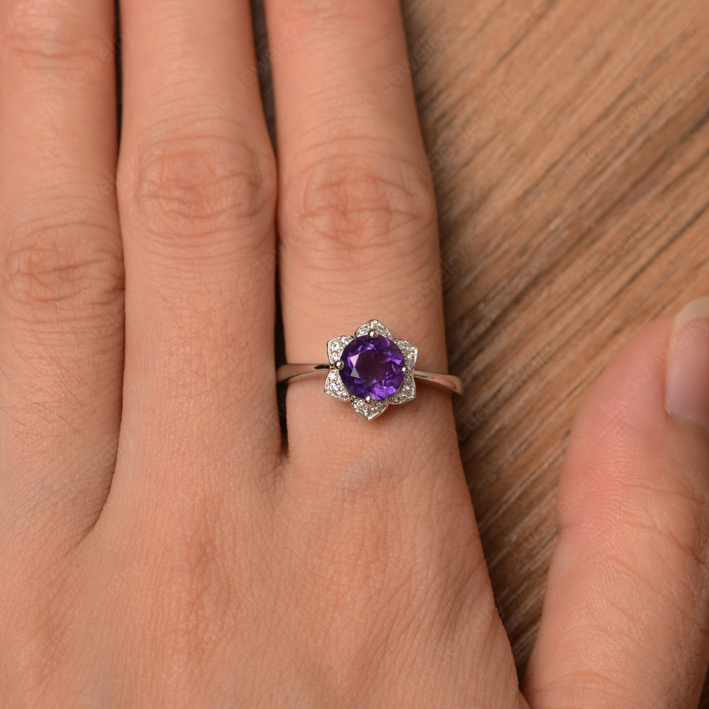 Round Cut Amethyst Halo Flower Engagement Ring - LUO Jewelry