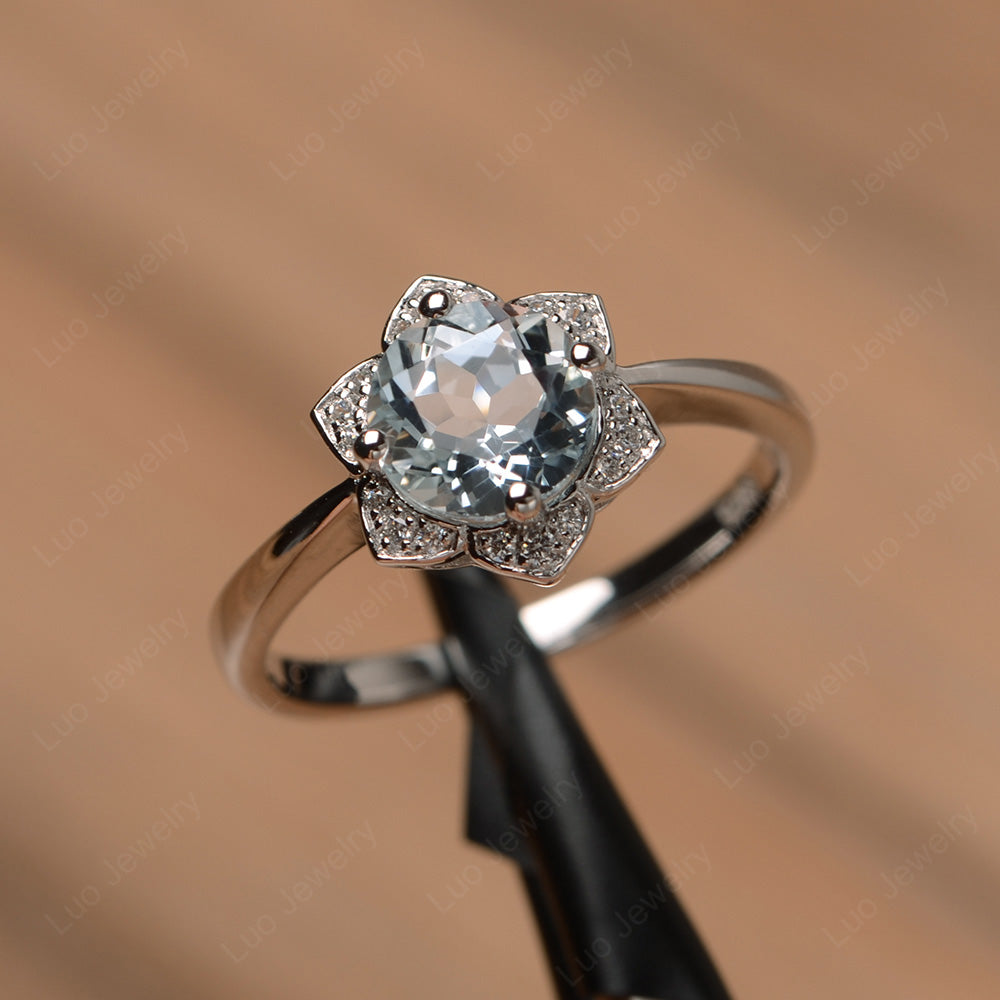 Round Cut Aquamarine Halo Flower Engagement Ring - LUO Jewelry