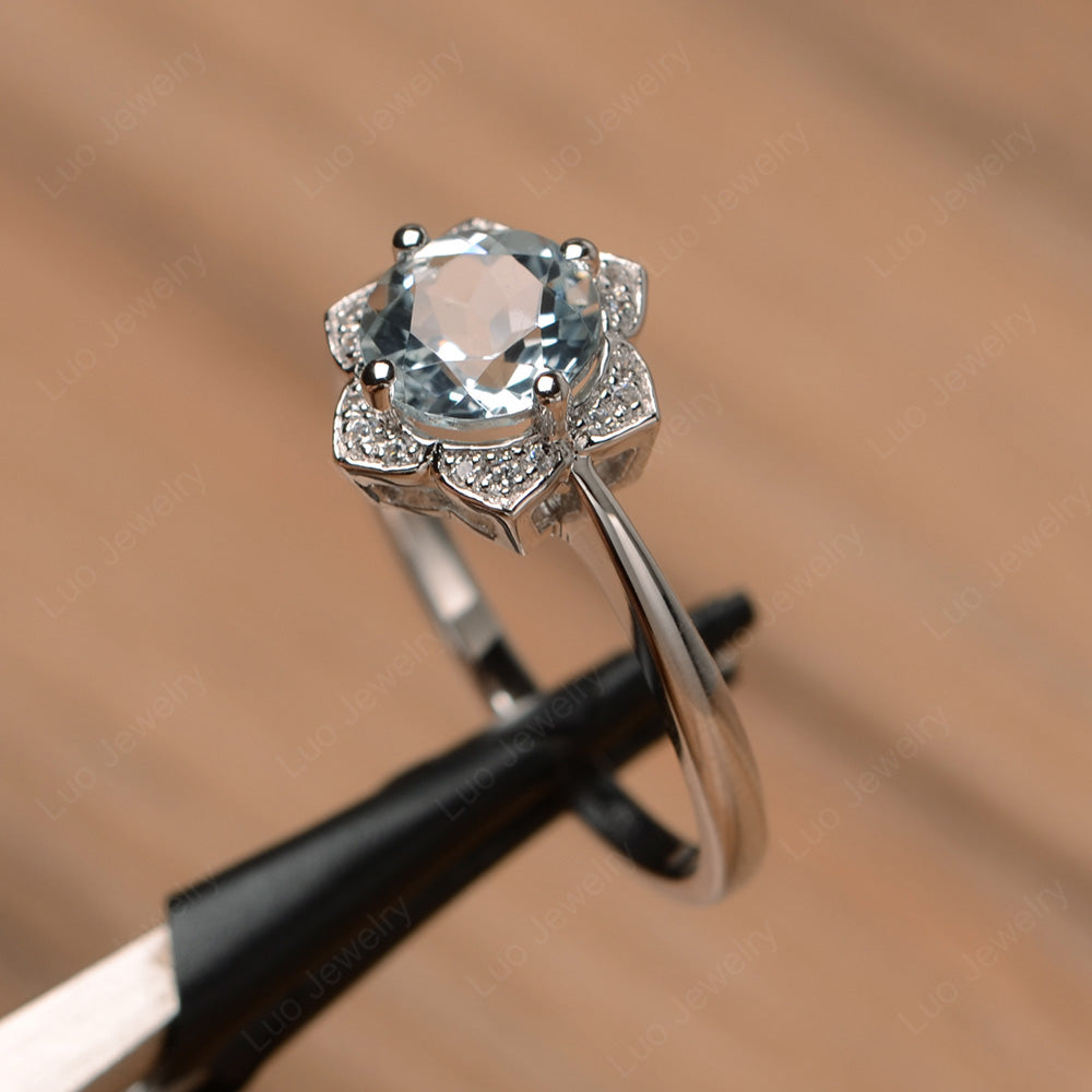 Round Cut Aquamarine Halo Flower Engagement Ring - LUO Jewelry