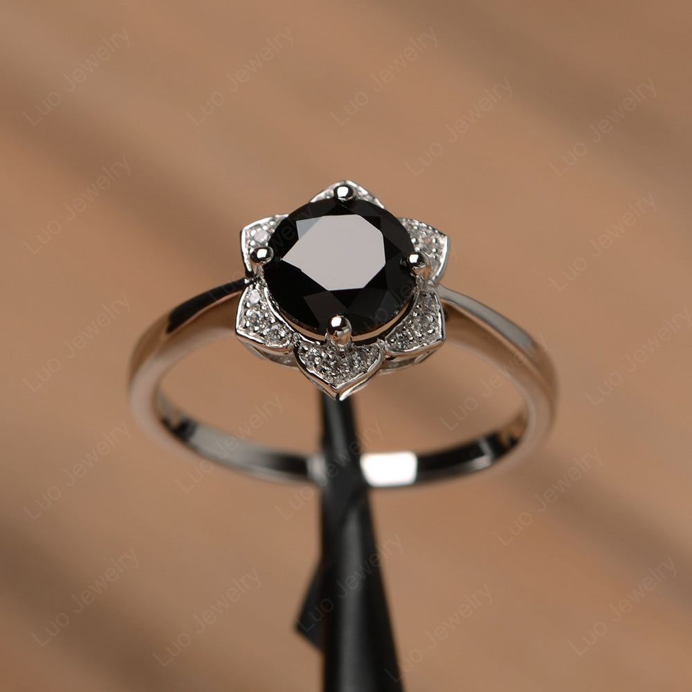 Round Cut Black Stone Halo Flower Engagement Ring - LUO Jewelry