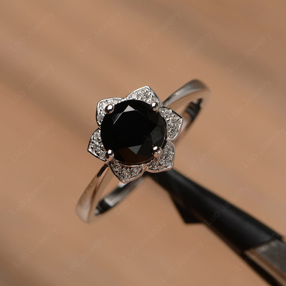 Round Cut Black Stone Halo Flower Engagement Ring - LUO Jewelry