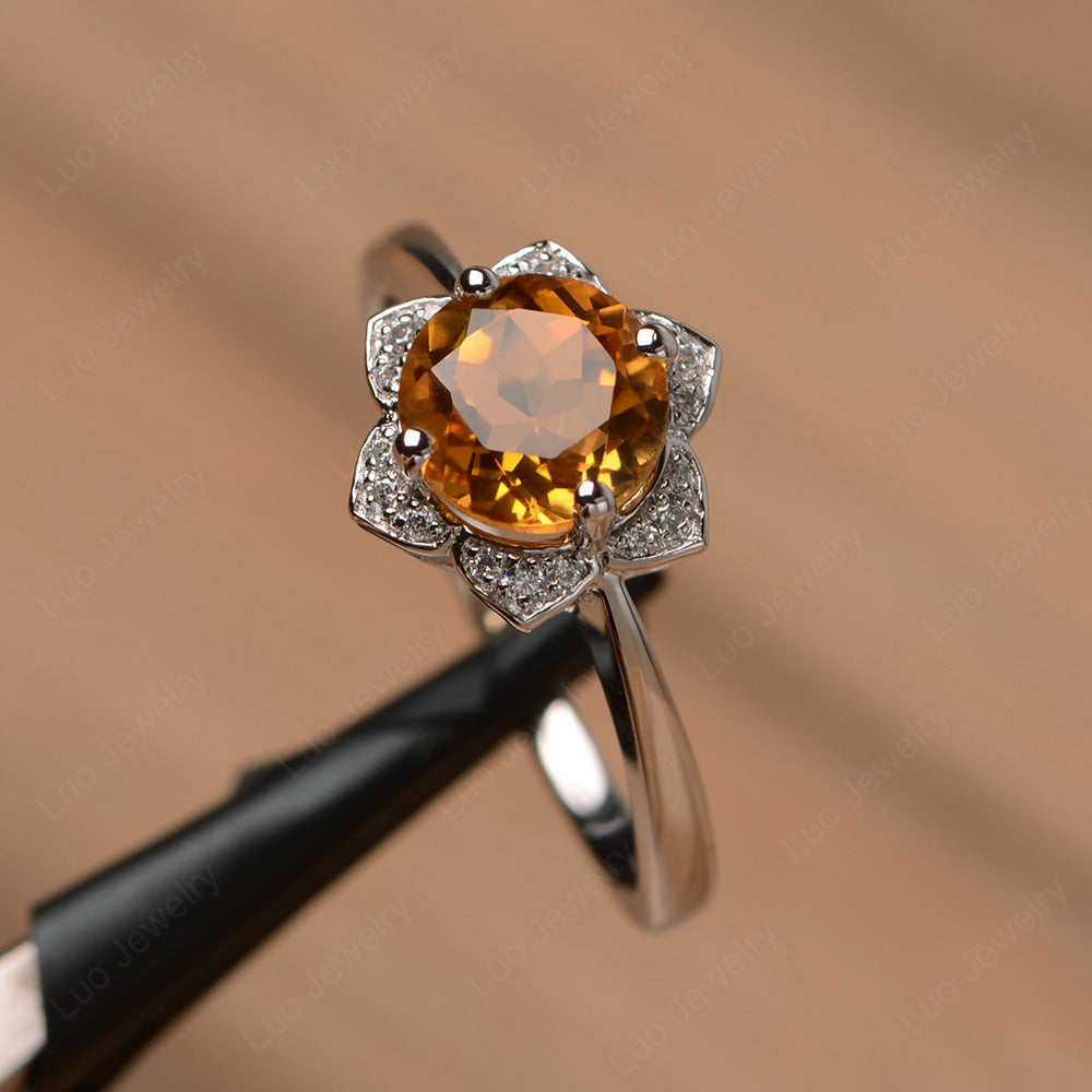 Round Cut Citrine Halo Flower Engagement Ring - LUO Jewelry