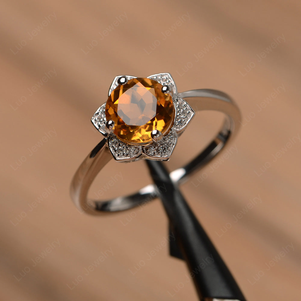 Round Cut Citrine Halo Flower Engagement Ring - LUO Jewelry