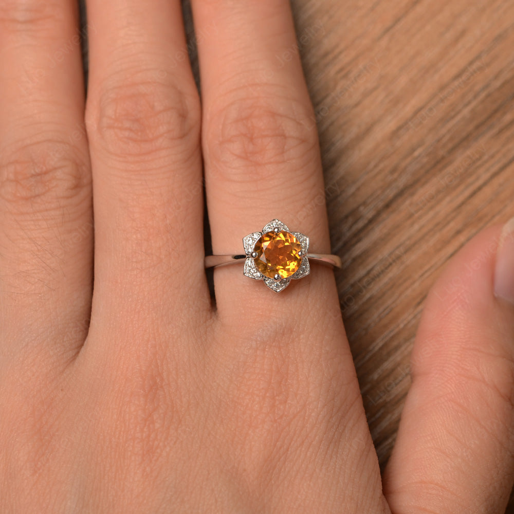 Round Cut Citrine Halo Flower Engagement Ring - LUO Jewelry