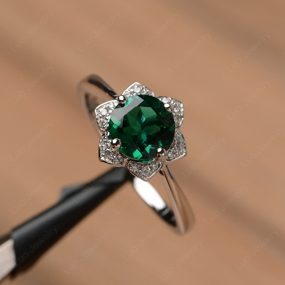 Round Cut Lab Emerald Halo Flower Engagement Ring - LUO Jewelry