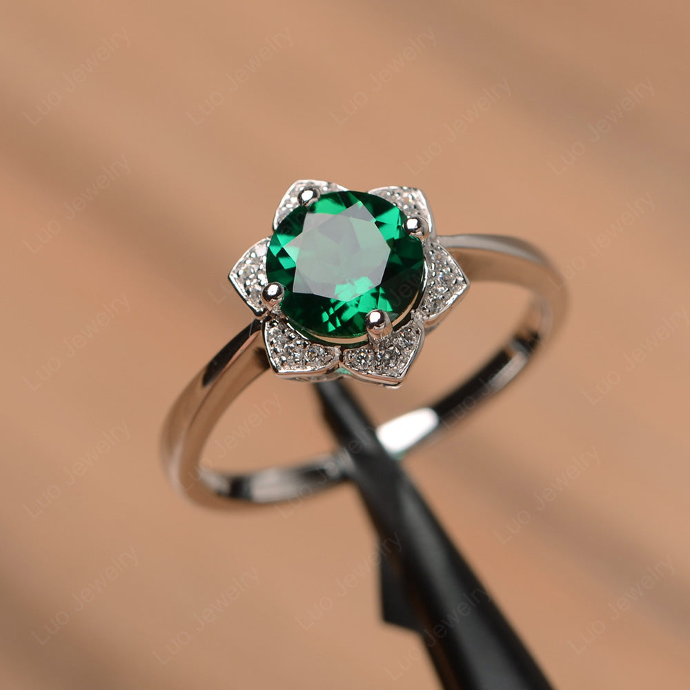 Round Cut Lab Emerald Halo Flower Engagement Ring - LUO Jewelry