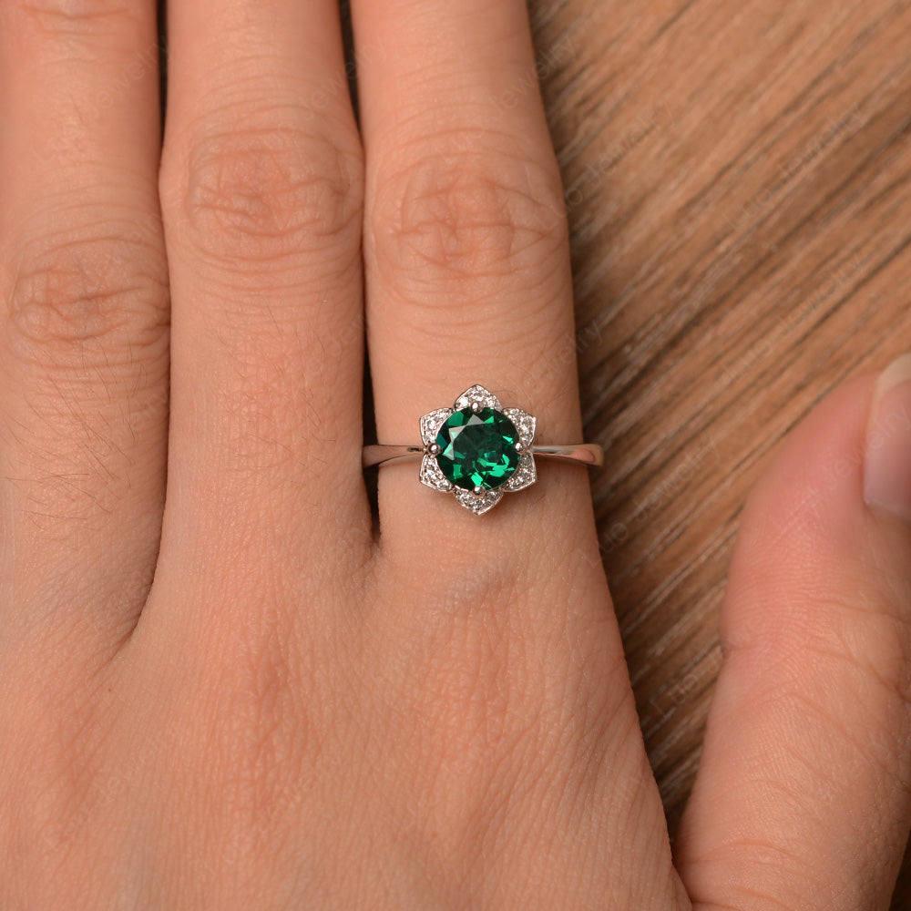 Round Cut Lab Emerald Halo Flower Engagement Ring - LUO Jewelry