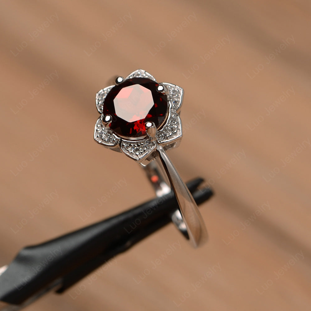 Round Cut Garnet Halo Flower Engagement Ring - LUO Jewelry