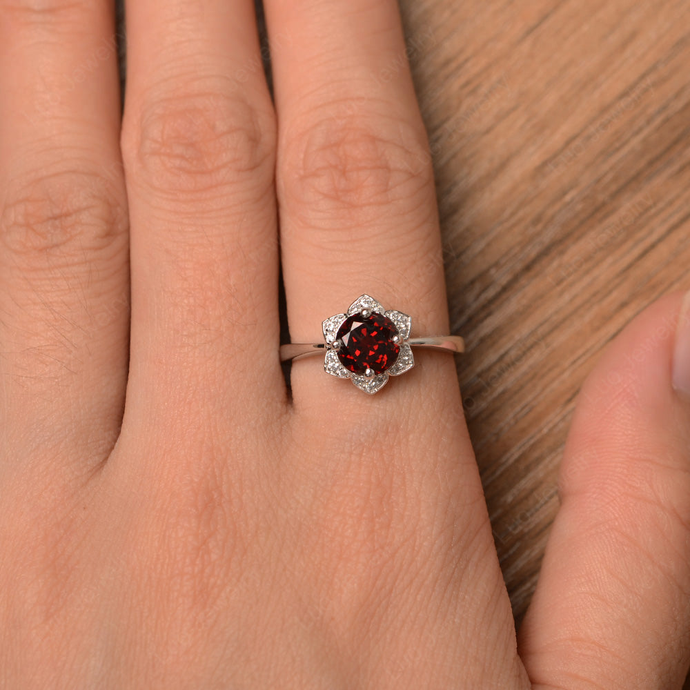 Round Cut Garnet Halo Flower Engagement Ring - LUO Jewelry